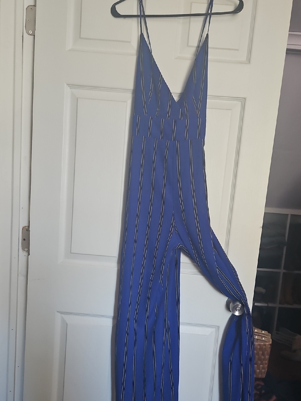 paper doll Blue Striped V-Neck Jumpsuit